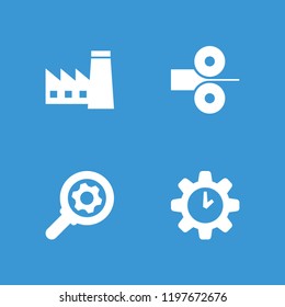 Factory icon. collection of 4 factory filled icons such as gear, clock in gear. editable factory icons for web and mobile.