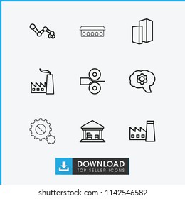 Factory icon. collection of 9 factory outline icons such as gear, robot arm, cargo barn, building, paper press. editable factory icons for web and mobile.