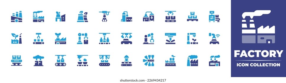 Factory icon collection. Duotone color. Vector illustration. Containing factory, eco factory, industrial robot, recycling plant, beer, automation, warehouse, industrial process, green.