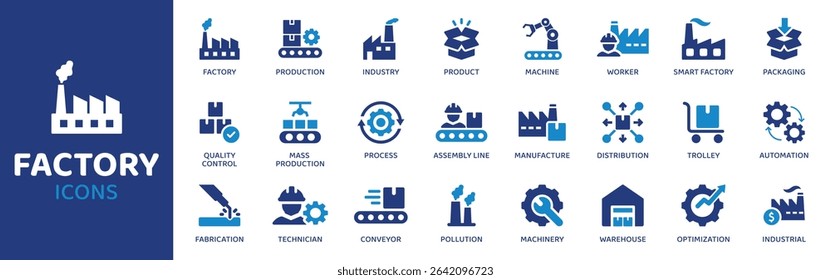 Factory - Icon Collection. Thin Line Set contains such Icons as Factory, Plant, Industry, Machine, Gear, Assembly, Belt and more. Simple web icons set.