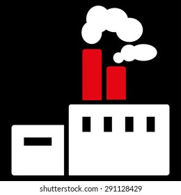 Factory icon from Commerce Set. Vector style: bicolor flat symbol, red and white colors, rounded angles, black background.