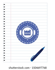 factory icon drawn with pen strokes. Blue ink. Vector Illustration. Detailed.