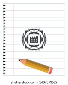 factory icon emblem with pencil effect. Vector Illustration. Detailed.