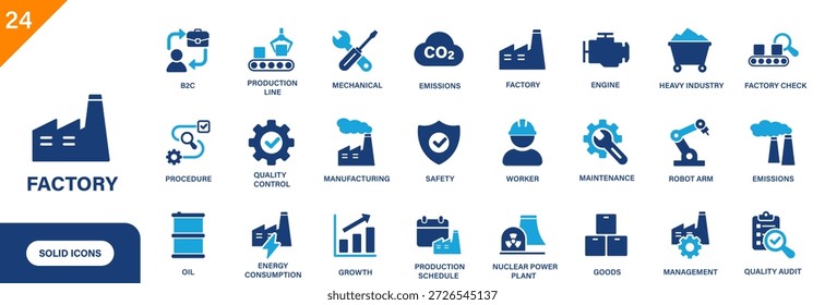 Icono de fábrica. Incluyendo industria pesada, mecánica, trabajador, producción, control de calidad, mercancías. Colección de iconos de vectores sólidos.