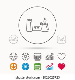 Factory icon. Industrial building sign. Calendar, Graph chart and Cogwheel signs. Download and Heart love linear web icons. Vector