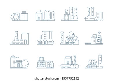 Factory icon. Industrial energy production building with big pipe steam factory vector linear symbols