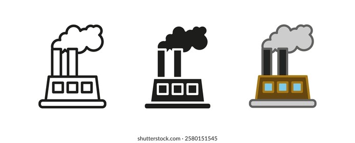 Factory icon. Industrial manufacturing vector illustration. Production building symbol with smoke chimneys. Air pollution sign. Energy power plant graphic. Economy and infrastructure concept.