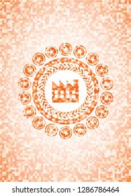 factory icon inside abstract emblem, orange mosaic background