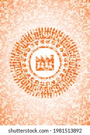 factory icon inside abstract orange mosaic emblem. 
