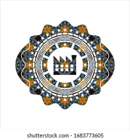 factory icon inside arabesque badge background. arabic decoration.
