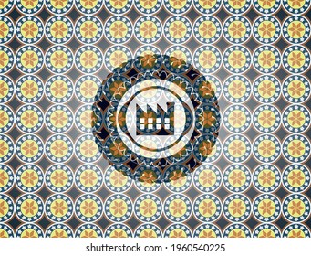 factory icon inside arabesque badge. arabic decoration. 