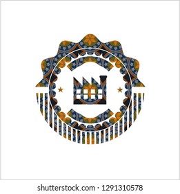 factory icon inside arabesque emblem background. arabic decoration.
