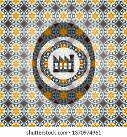 factory icon inside arabesque emblem background. arabic decoration.