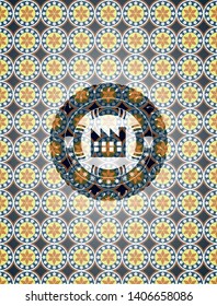 factory icon inside arabic badge. Arabesque decoration.