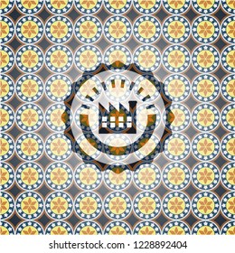 factory icon inside arabic emblem background. Arabesque decoration.