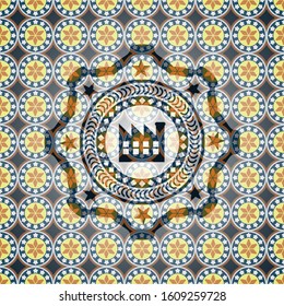 factory icon inside arabic style badge. Arabesque decoration.