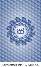 factory icon inside blue badge with geometric pattern background.