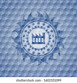 factory icon inside blue badge with geometric background.