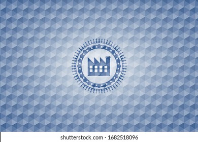 factory icon inside blue badge with geometric pattern background.
