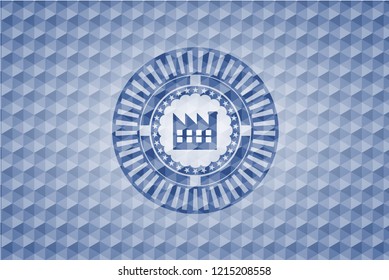 factory icon inside blue emblem or badge with abstract geometric pattern background.