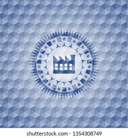 factory icon inside blue emblem or badge with geometric pattern background.