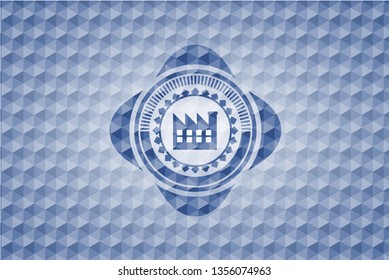 factory icon inside blue emblem with geometric pattern background.