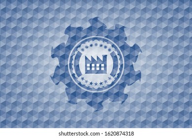 factory icon inside blue polygonal badge.