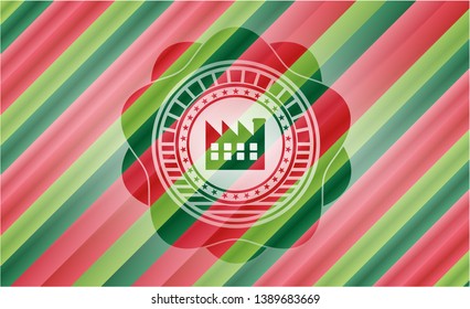 factory icon inside christmas colors style badge.