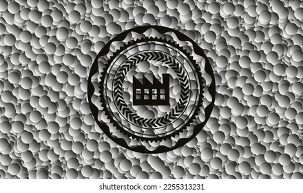 factory icon inside dark icon or emblem with grey bubbles background. Vector Illustration. Detailed. 