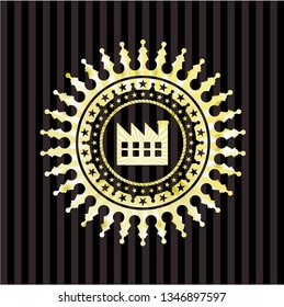 factory icon inside gold emblem or badge