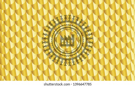 factory icon inside gold emblem or badge. Scales pattern. Vector Illustration. Detailed.