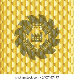 factory icon inside gold shiny badge. Scales pattern. Vector Illustration. Detailed.