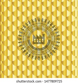 factory icon inside gold shiny badge. Scales pattern. Vector Illustration. Detailed.
