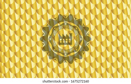 factory icon inside gold shiny badge. Scales pattern. Vector Illustration. Detailed.