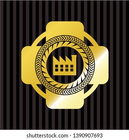 factory icon inside golden badge or emblem