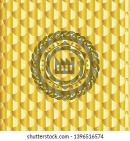 factory icon inside golden badge or emblem. Scales pattern. Vector Illustration. Detailed.