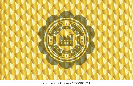 factory icon inside golden badge. Scales pattern. Vector Illustration. Detailed.