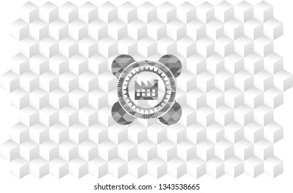 factory icon inside grey badge with geometric cube white background