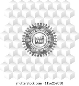 factory icon inside grey emblem with cube white background