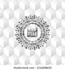 factory icon inside grey emblem. Vintage with geometric cube white background