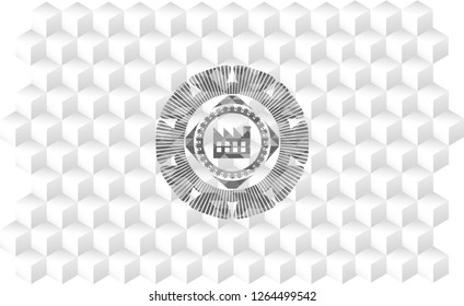 factory icon inside grey icon or emblem with geometric cube white background