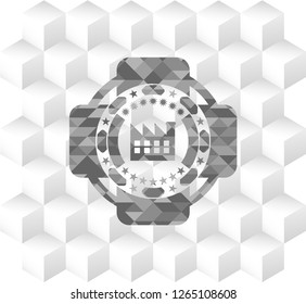 factory icon inside grey icon or emblem with geometric cube white background