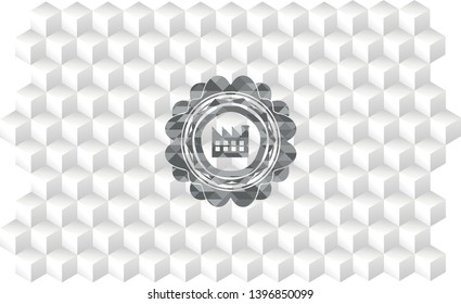 factory icon inside grey emblem with geometric cube white background