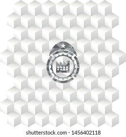 factory icon inside grey emblem with cube white background