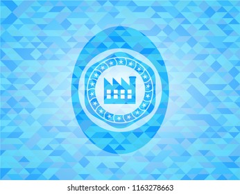 factory icon inside light blue emblem with mosaic ecological style background