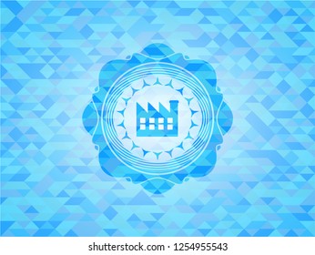 factory icon inside light blue emblem with triangle mosaic background