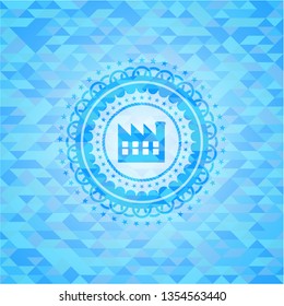 factory icon inside light blue emblem with triangle mosaic background
