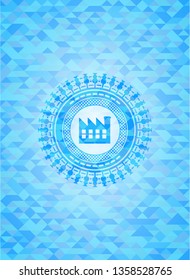 factory icon inside light blue emblem with mosaic background