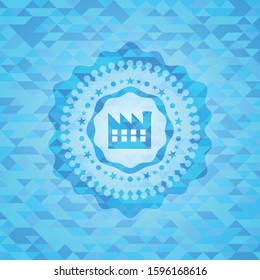 factory icon inside light blue emblem with triangle mosaic background