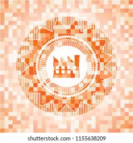 factory icon inside orange tile background illustration. Square geometric mosaic seamless pattern with emblem inside.